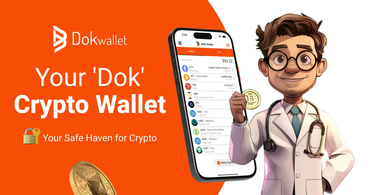 DOK Wallet banner showing mobile and desktop app interface